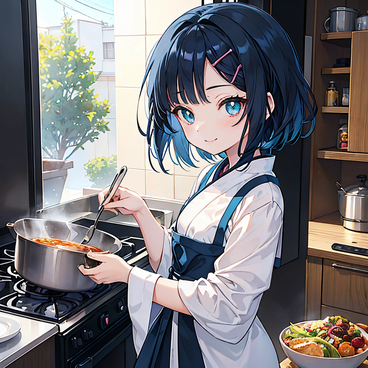 (((Delicat eyes)))、(((zoomed)))、A slight smil、an anime girl, shorth hair, Cute anime girl, Cooking, Black and blue hair,Hair ornament Gwaizu, High quality anime art style