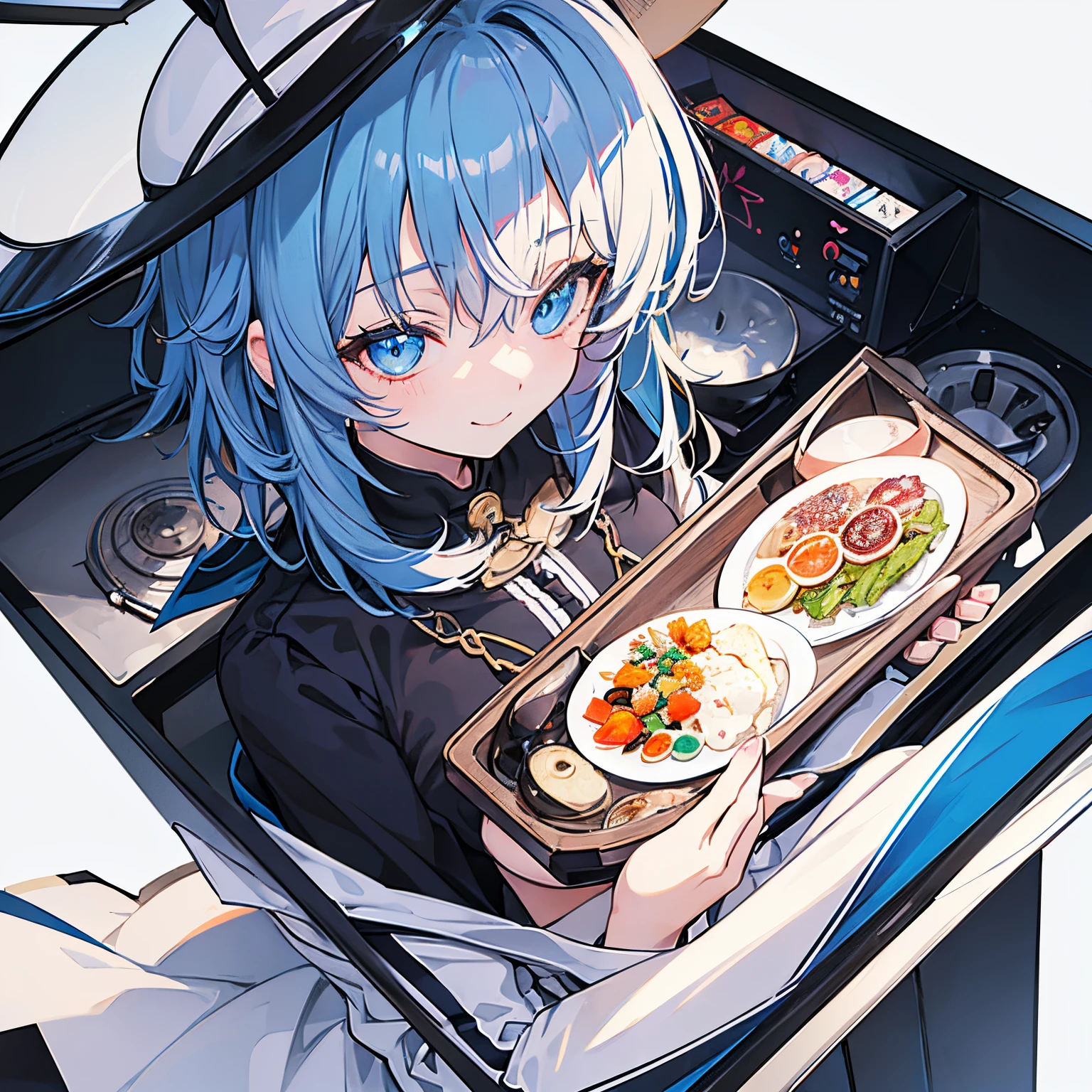 (((Delicat eyes)))、(((zoomed)))、A slight smil、an anime girl, shorth hair, Cute anime girl, Cooking, Black and blue hair,hair adornments、Hats、 guweiz, High quality anime art style