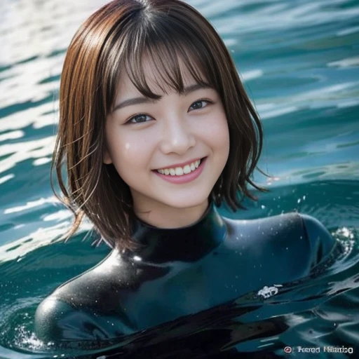 top-quality、masterpiece、超A high resolution、(Photo Real:1.4)、(1girl in)、long-sleeve、(The sheen、wet suit、short-hair)、body suit、high-necked、(wetting hair)、A smile、Swim、Floating on water