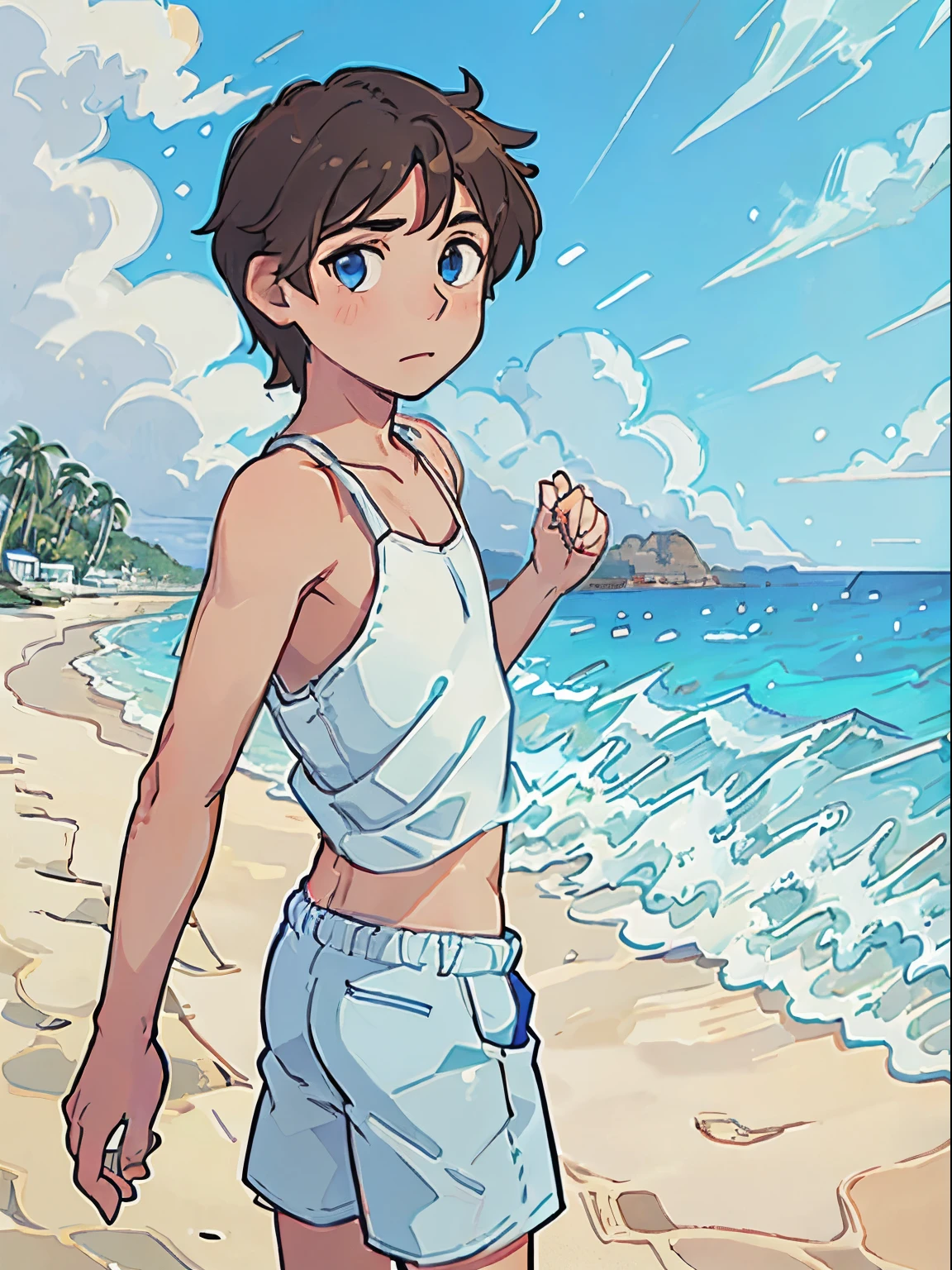 photograph of a Cuban young man with blue eyes, fair skin and tousled short brown hair, ocean and beach in the background, clear blue sky