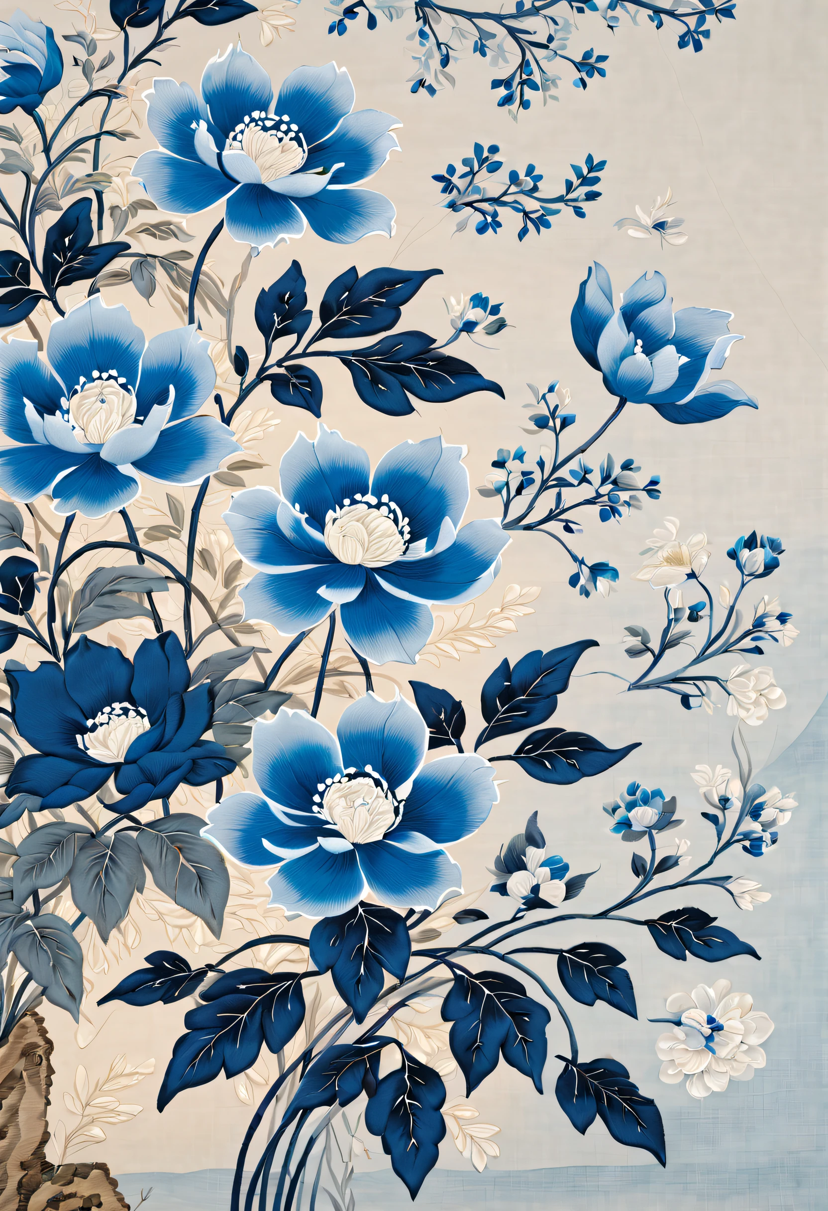 Embroidery works, (A translucent blue embroidery hangs on the wall), (embroidery),First class embroidery,Silk embroidered blue petals, Surrounded by realistic embroidered flowers, Inspired by Yao Jianping’s Su Embroidery Blue Dream,(Background with:Blue fragrant cloud yarn),Rich details, painting on silk, inked-art, Holographic rectangular glass frame, line sleek, bird's eyes view, Realistic embroidery details, hyper HD, super detailing, 16k,