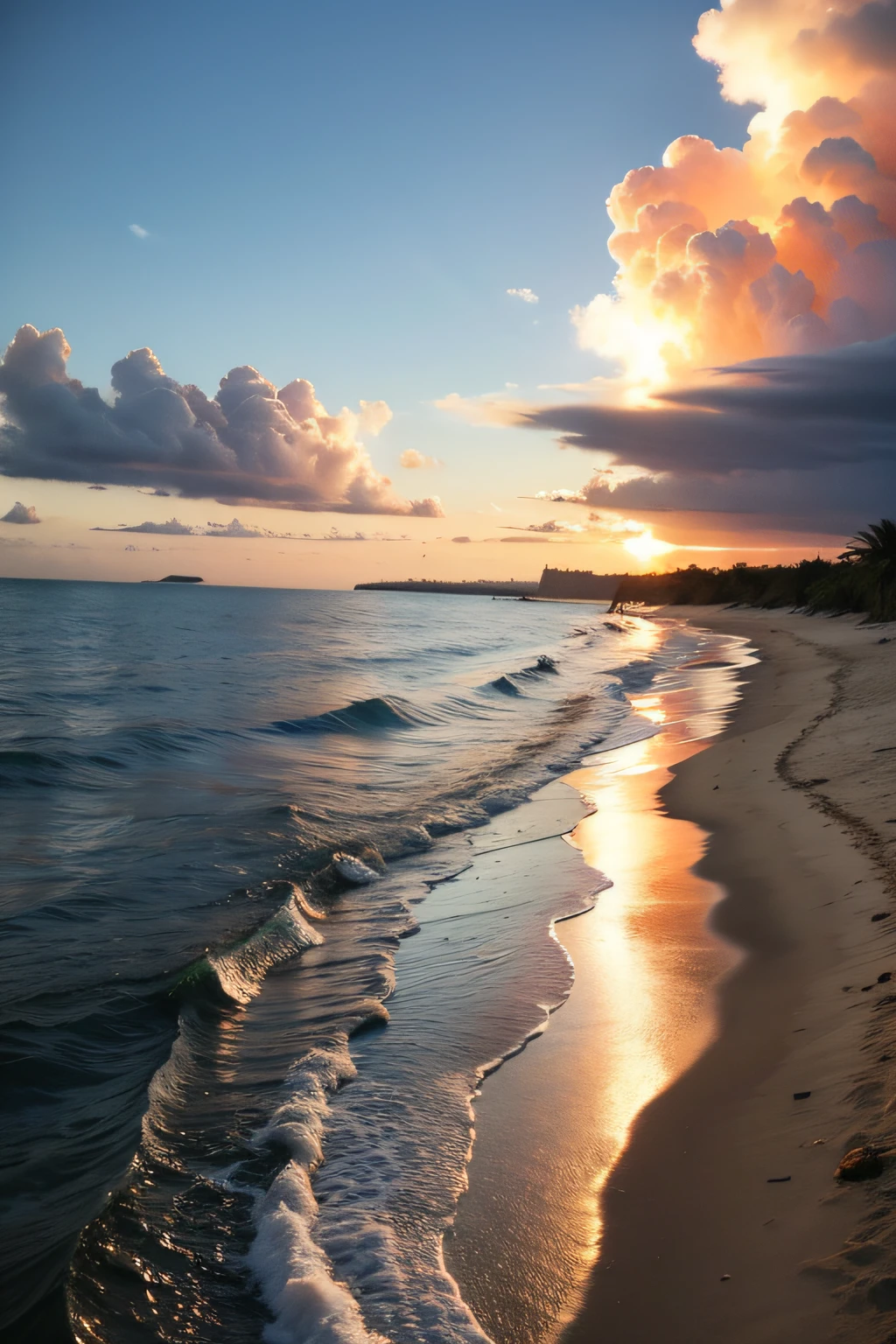 Shallow sea overlooking HD sunset dusk fire clouds