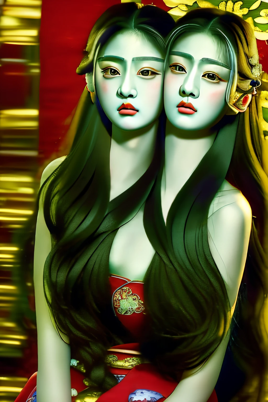 (masterpiece, best quality), best resolution, (2heads:1.5), 1girl, two heads on one chest, oriental detailed background, very long hair