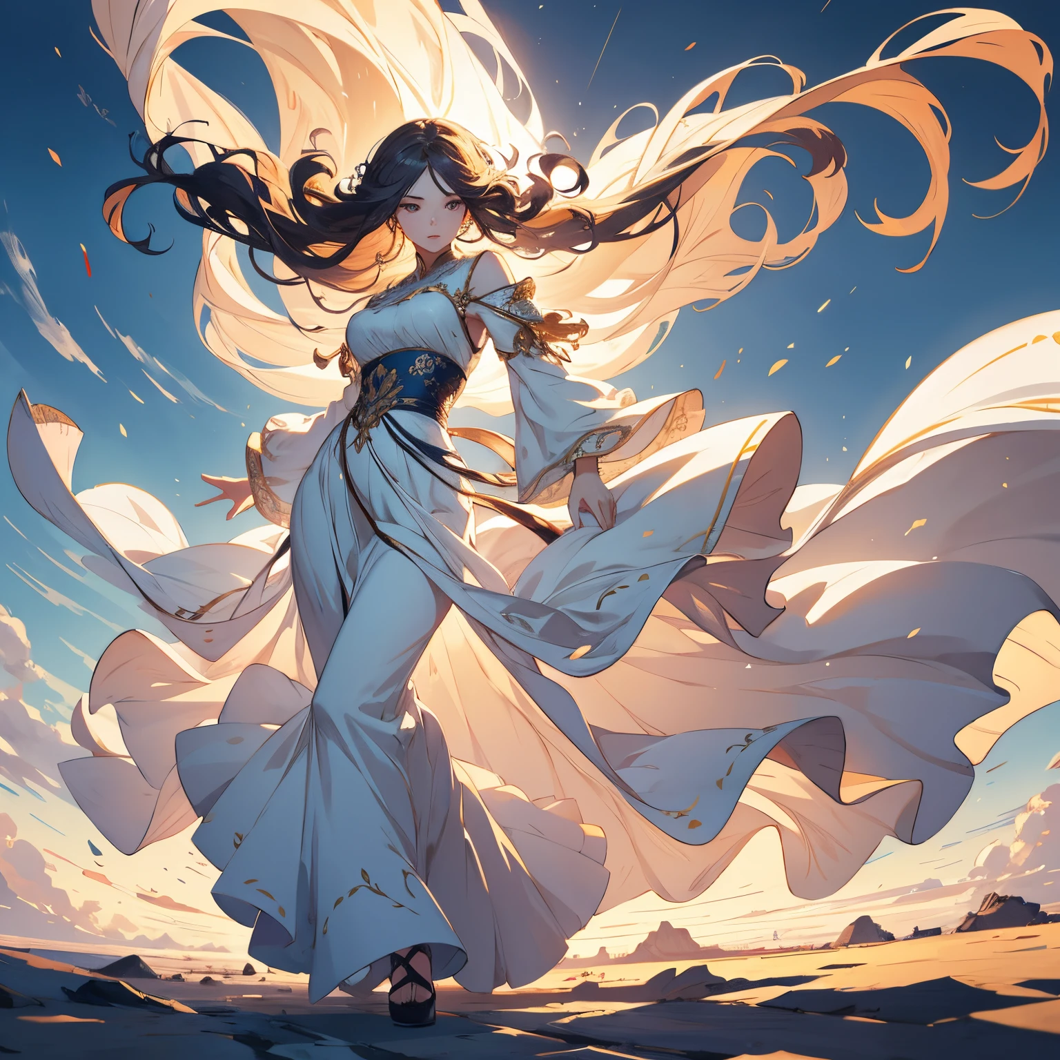 I girl, long flowing hair, long dress billowing in the wind intricately detailed, mid action walking pose, perfect anatomy, perfect hands, perfect fingers, 8k, high resolution, high quality, masterpiece