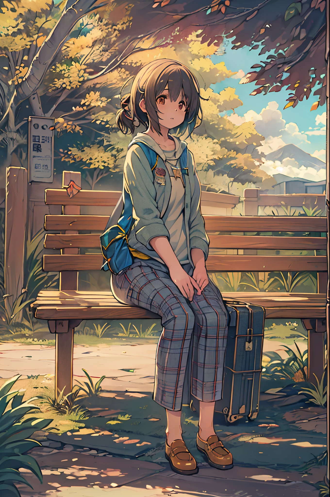 Anime girl sitting on a wooden bench with a suitcase, makoto shinkai art style, Shinkai Makoto style, painted in anime painter studio, By Shinkai Makoto. a digital rendering, lofi-girl, ( ( By Shinkai Makoto ) ), in the style of makoto shinkai, anime style 4 k, style of makoto shinkai, made with anime painter studio