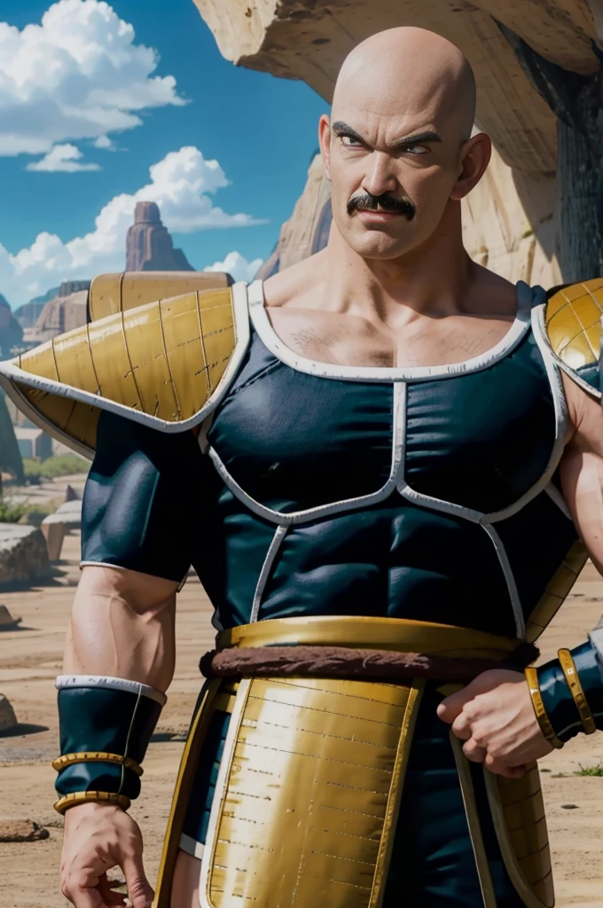 nappa, male focus, 1boy, solo, bald, angry, (black eyes), upper body, serious,looking viewer, mustache,black saiyan armor, tail around waist,fauldlack briefs), arms at sides, blue sky, black vambraces, plateau, grasest quality, masterpiece,realistic, photorealistic)