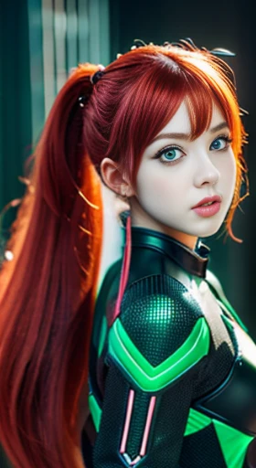 hightquality、8K,A half body、poneyTail、Young redhead、cyberpunked、mechanical suit、Green eyes