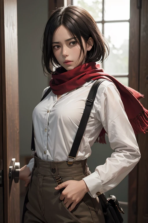attack on titan, mikasa, Draw a young woman of average height, com cabelos longos e negros. Your eyes are gray and expressive, reflecting determination and intensity. She is dressed in a white blouse and a beautiful red scarf., He wears suspenders and his pants are brown , equipado com dispositivos de manobra tridimensional. His posture is athletic and confident, showing a serene facial expression, but determined.