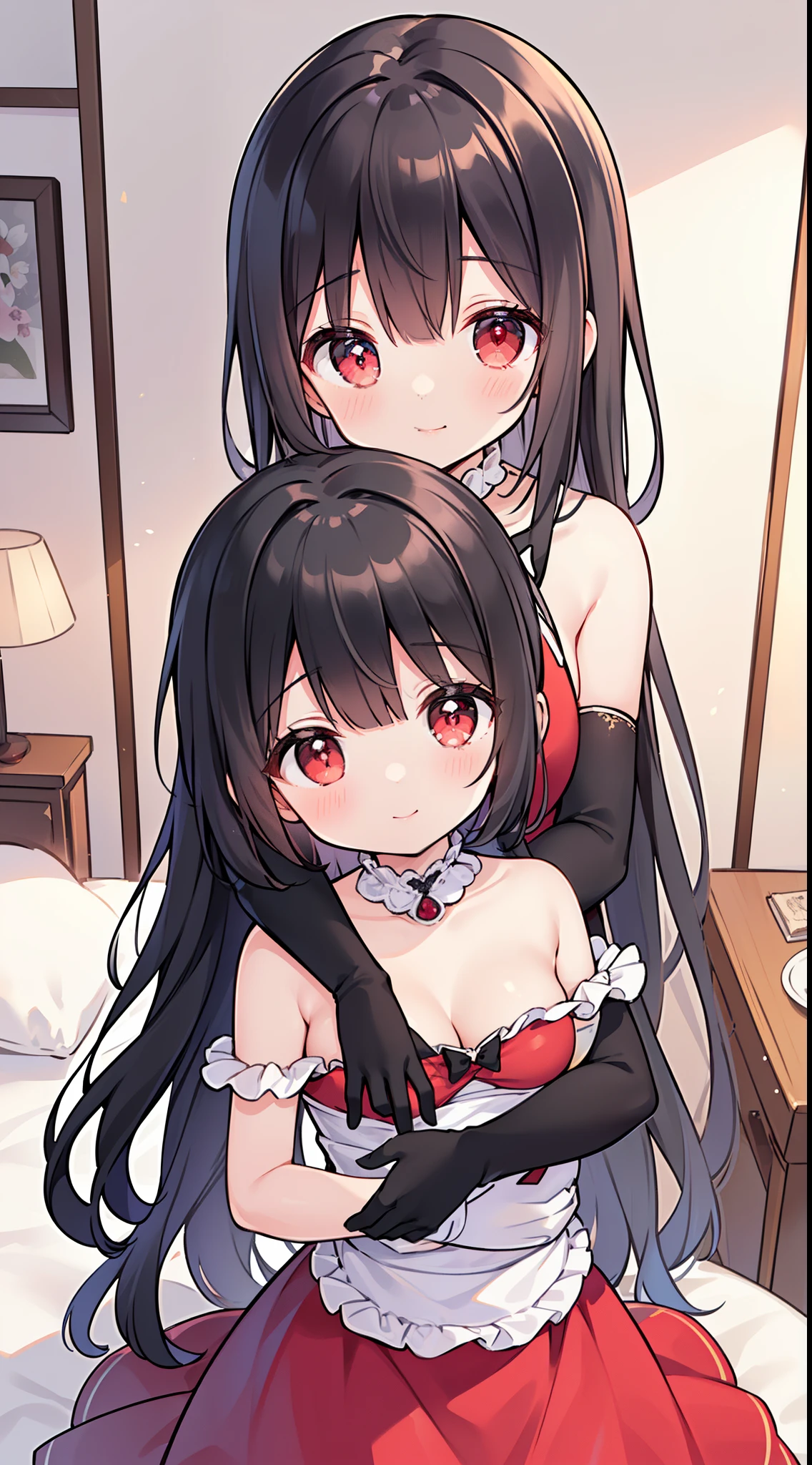 Third person perspective, 1girl, (wearing beuatiful dark red ball gown showing bare shoulder and voluminous wavy skirt with black long string gloves, showing great affection to viewer:1.5), (gentle housewife, tiny loli petite and short figure, perfect woman, medium cleavage, mature aura:1.4), (masterpiece, best quality, HD Pictures:1.1), very long hair, bangs, gentle look, gentle smile, gentle eyes, mature looking, pinkish cheeks, very detailed eyes, very detailed pupils, very detailed ridiculously long black hair, detailed face, detailed ruby red eyes, detailed long black hair, (look up to viewer asking for hug:1.3), ((tangan dijulurkan ke arah penonton dan pose ingin memeluk suami))