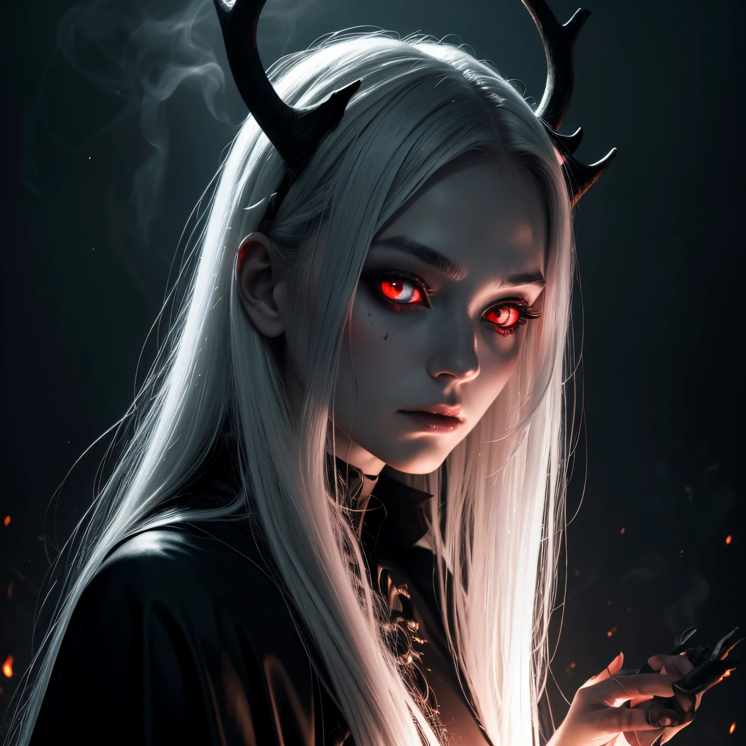 dark, unholy, evil, astral, creepy style, undead, rotting skin, mystical, nice perfect face with soft skin, young beautiful girl portrait on fire, from side, white smoke, mist, night, black clothes, long white hair, antlers, glowing red eyes, light glow, fire