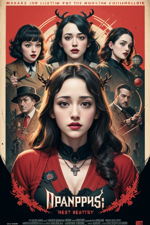 (masutepiece, Best Quality), Kat Dennings、8K Wallpaper, Highly detailed, poster for, krampus, vintage horror, 1940's, christmas horror thriller movie poster, Bauhaus, shapes, lines, Abstract, propaganda, Gothic, Cinematic poster, Vintage,