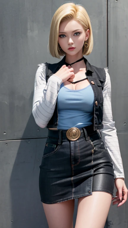 Android 18, Blonde hair, Blue eyes, eye lashes, hoop earings, Short hair, earring
bring, black sock, Black shirt, breasts pocket, cleavage, 鎖骨, denim, Denim skirt, high waist skirt, Jewelry, Long sleeves, pockets, Shirt, shirt tucked in, Skirt, Streaked, striped sleeves, waistcoat,