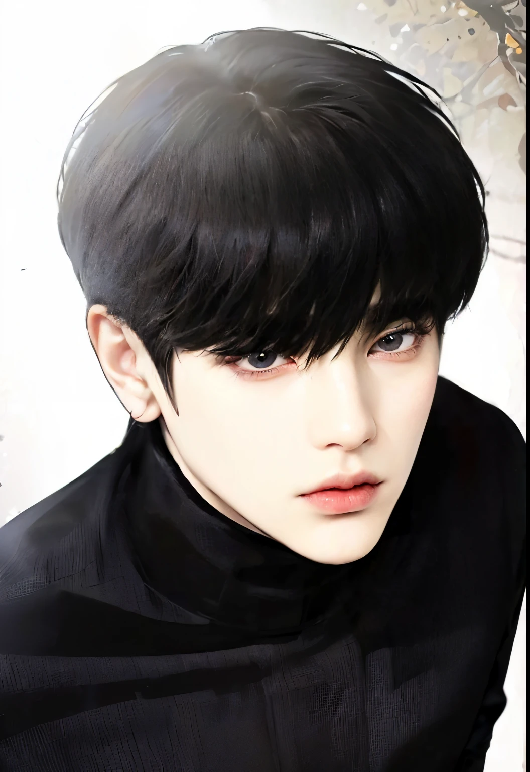 ((4K works))、Perfection masterpiece、（Top-quality)、((High-level image quality))、((One perfection handsome beautifully young man)、A korean young man close-up face, ((Slim figure))、((Black sweater with turtle-neck))、(Detailed perfection handsome beautifully)、((Hyper detailed straight nose))、((Hyper detailed ears)), ((Hyper detailed eyes)), ((His face similar to Park Hyungseok))、((Black eyes)), ((Hyper detailed big eyes)), ((Yoongi korean-haircut))、((Black korean hair))、((Hyper detailed hair), ((Hyper detailed perfection humanly))、((Perfection handsome beautifully face))、((Korean young man))、((18year old))、((Extremely perfection handsome young man))、((Extremely cool attractive look))、((Hyper detailed no black outline)),