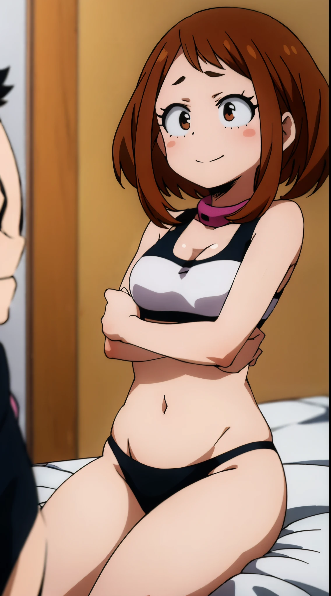 Uraraka Ochako、undergarment、Black underwear、A room in a hotel、Sitting in bed、Tempting、ssex、