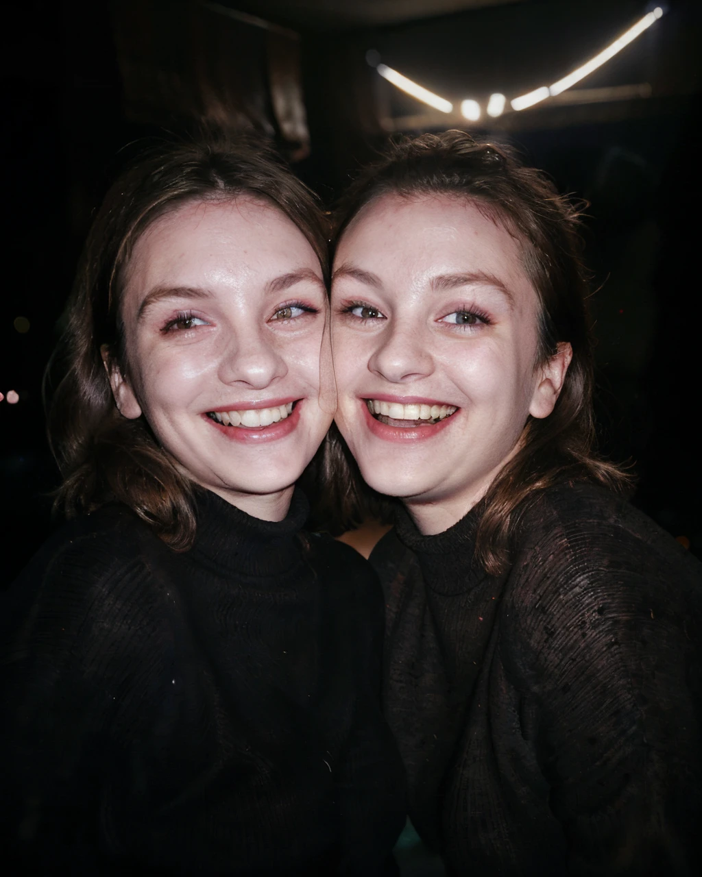 two woman, looking at the viewer, turtle neck sweater, night time, flash photo, dark background, neon lights, overexposed, laughing