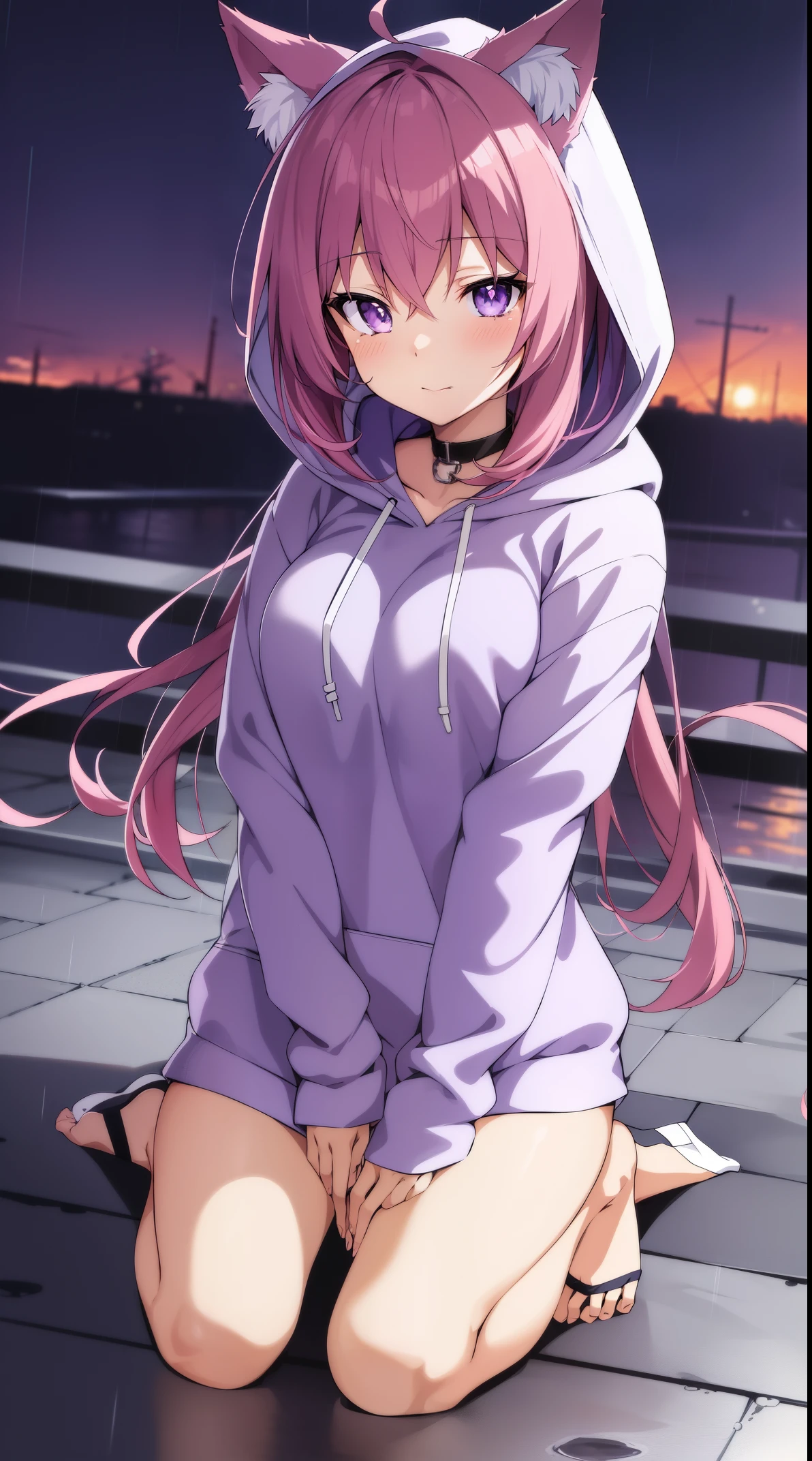 Anime girl with cat ears and hoodie in the rain, Anime style 4k, anime vibes, Anime wallpaper 4k, Anime art wallpaper 4k, Anime wallpaper 4k, Anime art wallpaper 4k, nightcore, Cyberpunk anime girl in hoodie, style of anime. 8K, 4k anime wallpapers, a beautiful anime portrait, beautiful anime art style, Purple pupils, Purple is only at the ends of the hair, teardrop