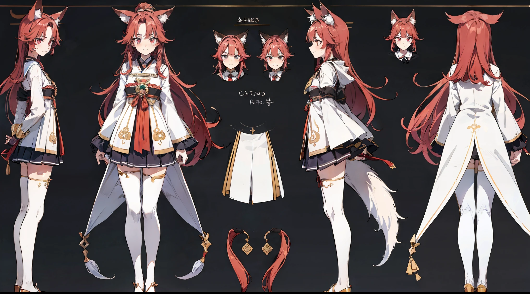 ((tmasterpiece)),((((Best quality))),(character design sheet,Same character,street frontage,Lateral face,back),(Whole-body proportions),Long red hair,heterochromatic eyes,ssmile,Wolf ears,Wolf tail,One tail,komono,Detailed faces,detailed hair,( Background with,white backgrounid:1.3)