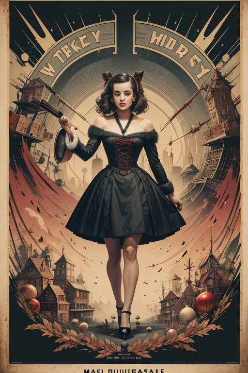 (masutepiece, Best Quality), Lea Michele、8K Wallpaper, Highly detailed, poster for, krampus, vintage horror, 1940's, christmas horror thriller movie poster, Bauhaus, shapes, lines, Abstract, propaganda, Gothic, Cinematic poster, Vintage,
