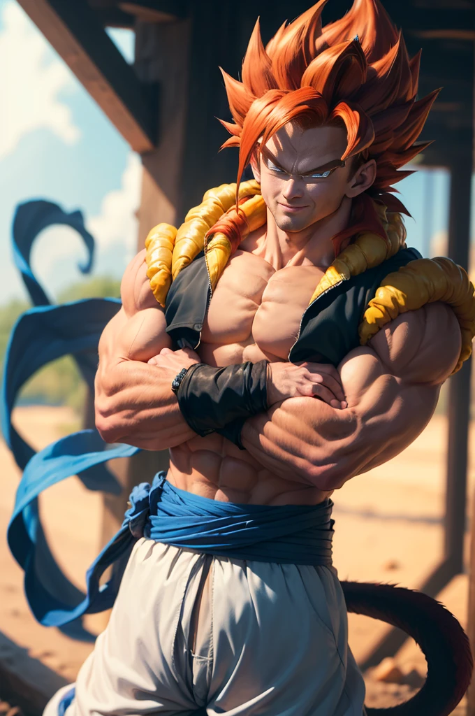 (masterpiece, best quality:1.2), cowboy shot, solo, male focus, 1boy, gogeta, muscular male, smirk, looking at viewer, crossed arms, red hair, blue eyes, vest, blue sash, white pants, wristband, tail, pectorals