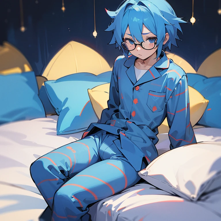 neptune as a shota sitting on bed at night wearing glasses pajamas big bulge