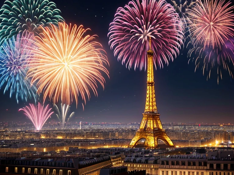 new year party, paris reveillon, artificial fireworks, lot fireworks, night