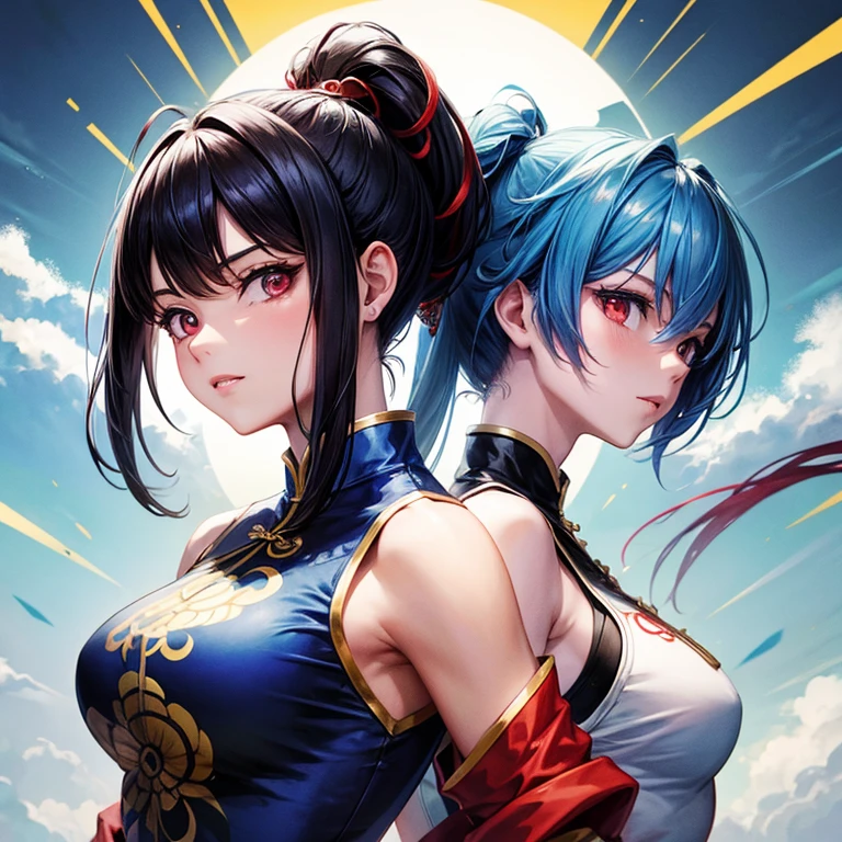 1 girl, chinese dress, blue chinese dress with red trims, ponytail, black hair with short bang, red eyes, medium breast, fighting arena