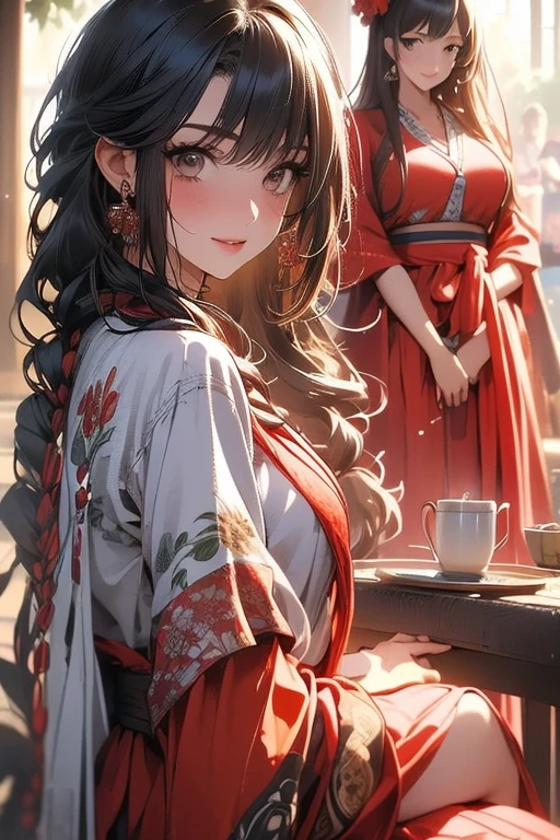((masutepiece, Best Quality, hight resolution, nffsw, Perfect Pixel, 4K, nffsw, nffsw))), two girl in same drawing, Beautie、full body seen、 ((Middle Wave Hair, Bangs, Brown hair)), ((Brown-eyed, Beautiful eyelashes, Realistic eyes)), ((Detailed face, Blushing:1.2)), ((Smooth texture:0.75, Realistic texture:0.65, Photorealistic:1.1, Anime CG style)), Dynamic Angle, Perfect body, (traditional cloth))、Very embarrassing panic smile