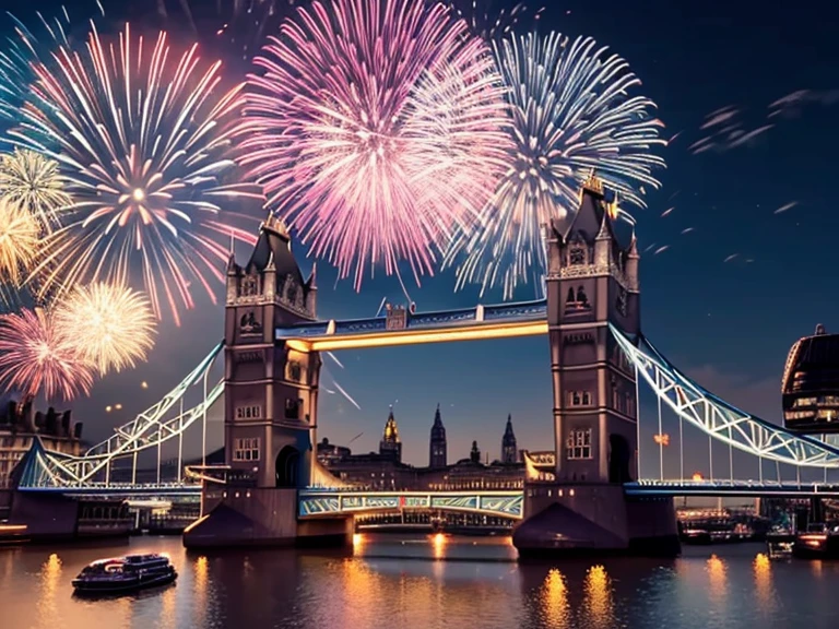 new year party, london, reveillon, artificial fireworks, lot fireworks, night