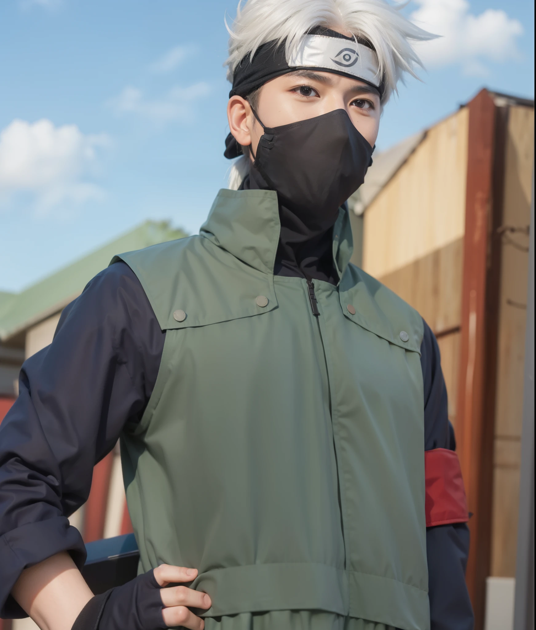 Real life adaptation of this character, his name is Kakashi Hatake from the anime Naruto, face covered using a realistic mask, realistic messy White hair, equally realistic body posture, realistic clothing, realistic light, realistic shadows, realistic background, (photorealistic: 1.2 ), realistic hands