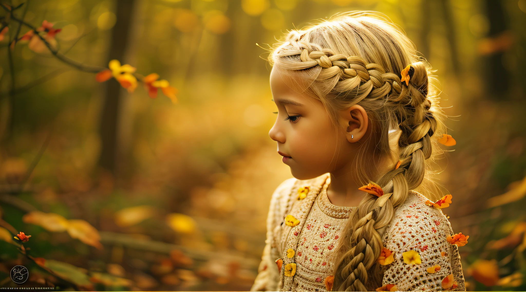 KIDS BLONDIE BRAIDS fotografia (estilo fallenangel:1) uma pintura digital de um (atraente:1) Anjo dourado sentado no meio de uma floresta