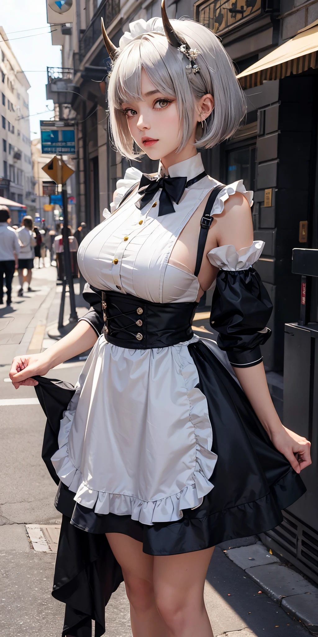 1girl,huge breast , silver hair, yellow eyes, short hair,small twin horn,maid dress,standing street  , high quality, ultra detailed, masterpiece, realistic