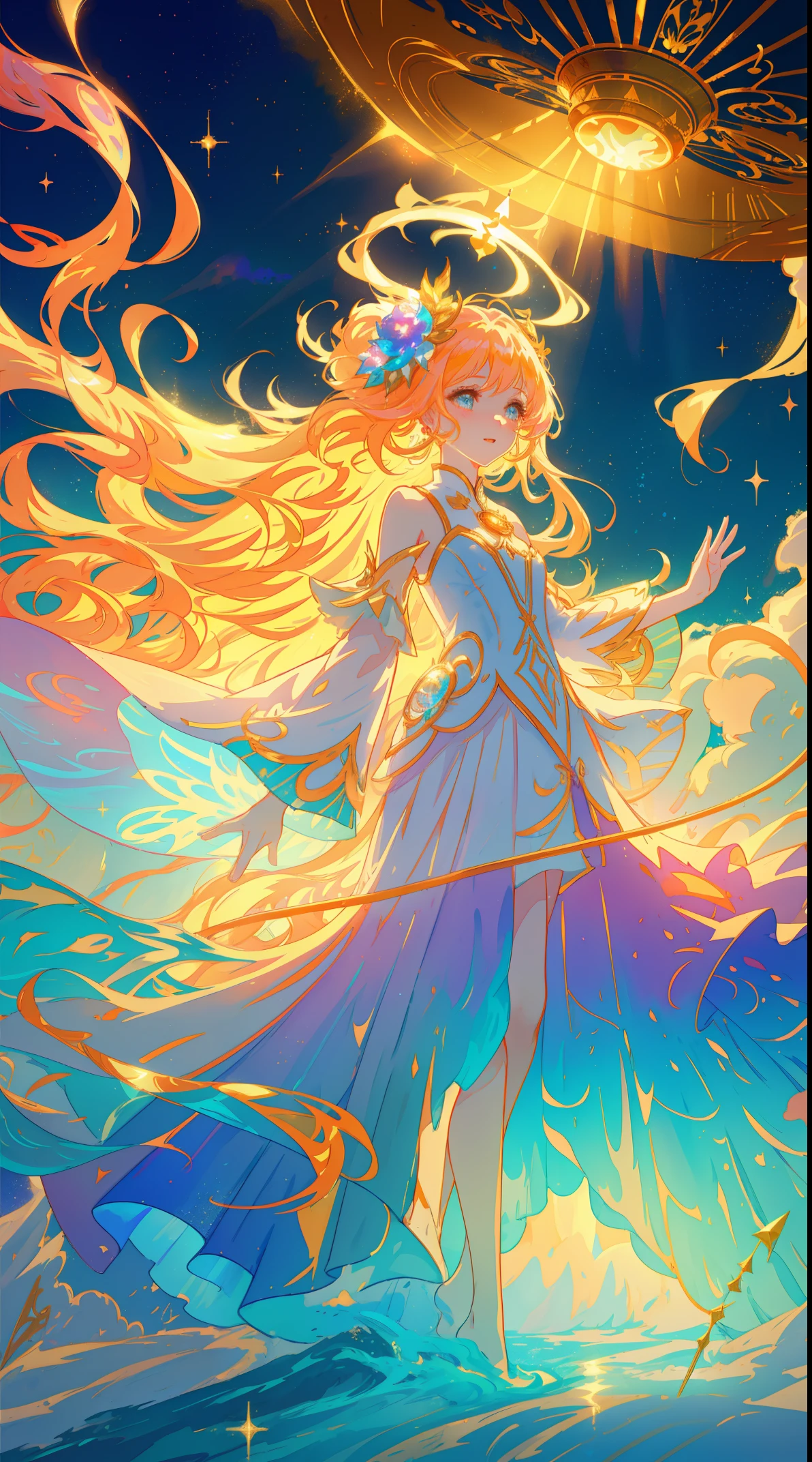 beuaty girl, Fluffy layered prom dress, Vibrant pastel colors, otherworldly landscapes, (Colorful), Glowing golden hair, magical lighting, sparkling magic liquid, inspired by Glen Keane, Inspired by S. van Baarle, disney artstyle, author：Van Baarle, A glowing halo surrounds her, Glenn Keane, Just a joke, glowing lamps! digitial painting, flowing glowing hair, glowing flowing hair, beautiful digital illustration, Fantasia background, Whimsical, magical, fanciful, ((pretty  face)), ((tmasterpiece, Best quality at best)), Complicated details, The is very detailed, Focus sharp, 8K分辨率, sparkling and delicate eyes, Liquid watercolor