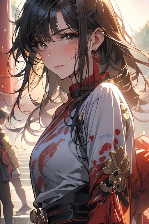((masutepiece, Best Quality, hight resolution, nffsw, Perfect Pixel, 4K, nffsw, nffsw))), two girl in same drawing, Beautie、full body seen、 ((Middle Wave Hair, Bangs, Brown hair)), ((Brown-eyed, Beautiful eyelashes, Realistic eyes)), ((Detailed face, Blushing:1.2)), ((Smooth texture:0.75, Realistic texture:0.65, Photorealistic:1.1, Anime CG style)), Dynamic Angle, Perfect body, (traditional cloth))、Very embarrassing panic smile