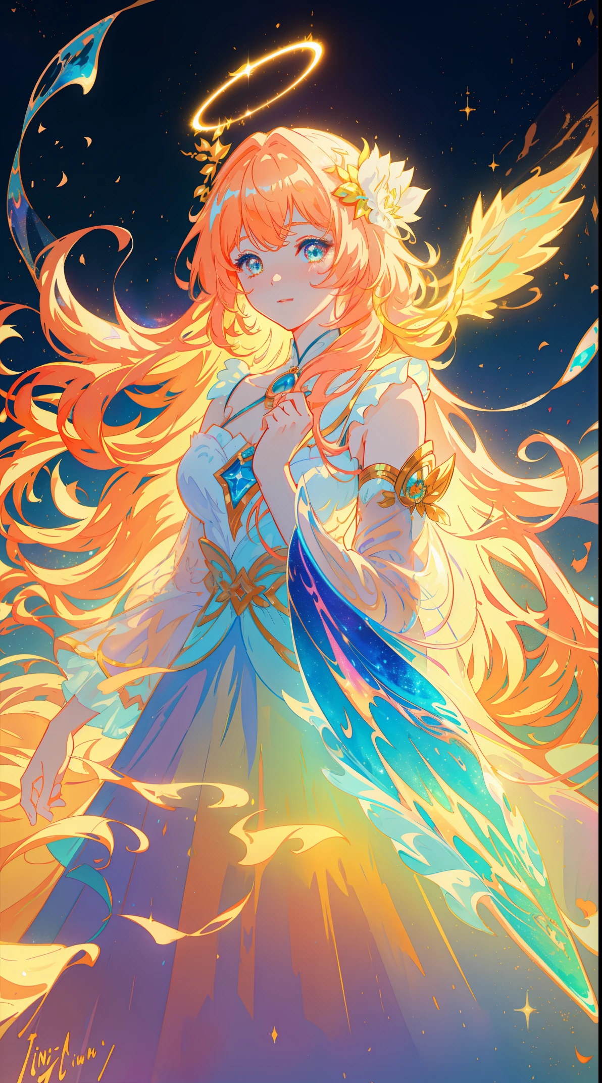 beuaty girl, Fluffy layered prom dress, Vibrant pastel colors, otherworldly landscapes, (Colorful), Glowing golden hair, magical lighting, sparkling magic liquid, inspired by Glen Keane, Inspired by S. van Baarle, disney artstyle, author：Van Baarle, A glowing halo surrounds her, Glenn Keane, Just a joke, glowing lamps! digitial painting, flowing glowing hair, glowing flowing hair, beautiful digital illustration, Fantasia background, Whimsical, magical, fanciful, ((pretty  face)), ((tmasterpiece, Best quality at best)), Complicated details, The is very detailed, Focus sharp, 8K分辨率, sparkling and delicate eyes, Liquid watercolor