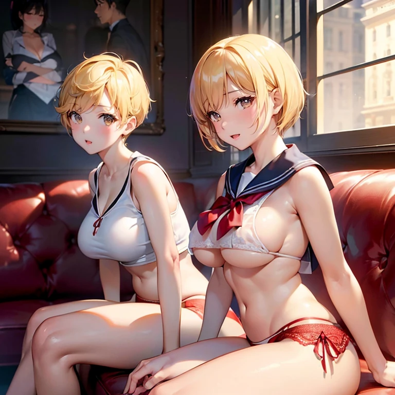 (top-quality,High resolution,(Ultra high definition,4K), (超A high resolution,in 8K),masutepiece:1.2), (Perfect Anatomy,Anatomically accurate), (Angle from below), (Soft lighting, 光线追踪), (Two cute high school girls), ((Sitting on a sofa in the lobby of a luxury hotel, Open legs from side to side)), (Girls' High School Sailor Uniform), (Red lace panties), (fascinated expression), (Crisp double eyelids), (Large breasts:1.3), NSFW,(Soft skin), (Photorealistic), (Glowing skin), (blondehair), (Pixie Cut)