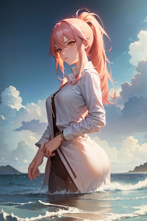 (masutepiece), Anime, (Photo_(Medium):1.0), Antonio J. Manzanedo, Jeremy Lipking, 1girl in, Lightning, In a surreal landscape, Watercolor painting style, brushstrokes, Unbuttoned, Orange Eyes, Ponytail, Pink hair, Cyberpunk, komono