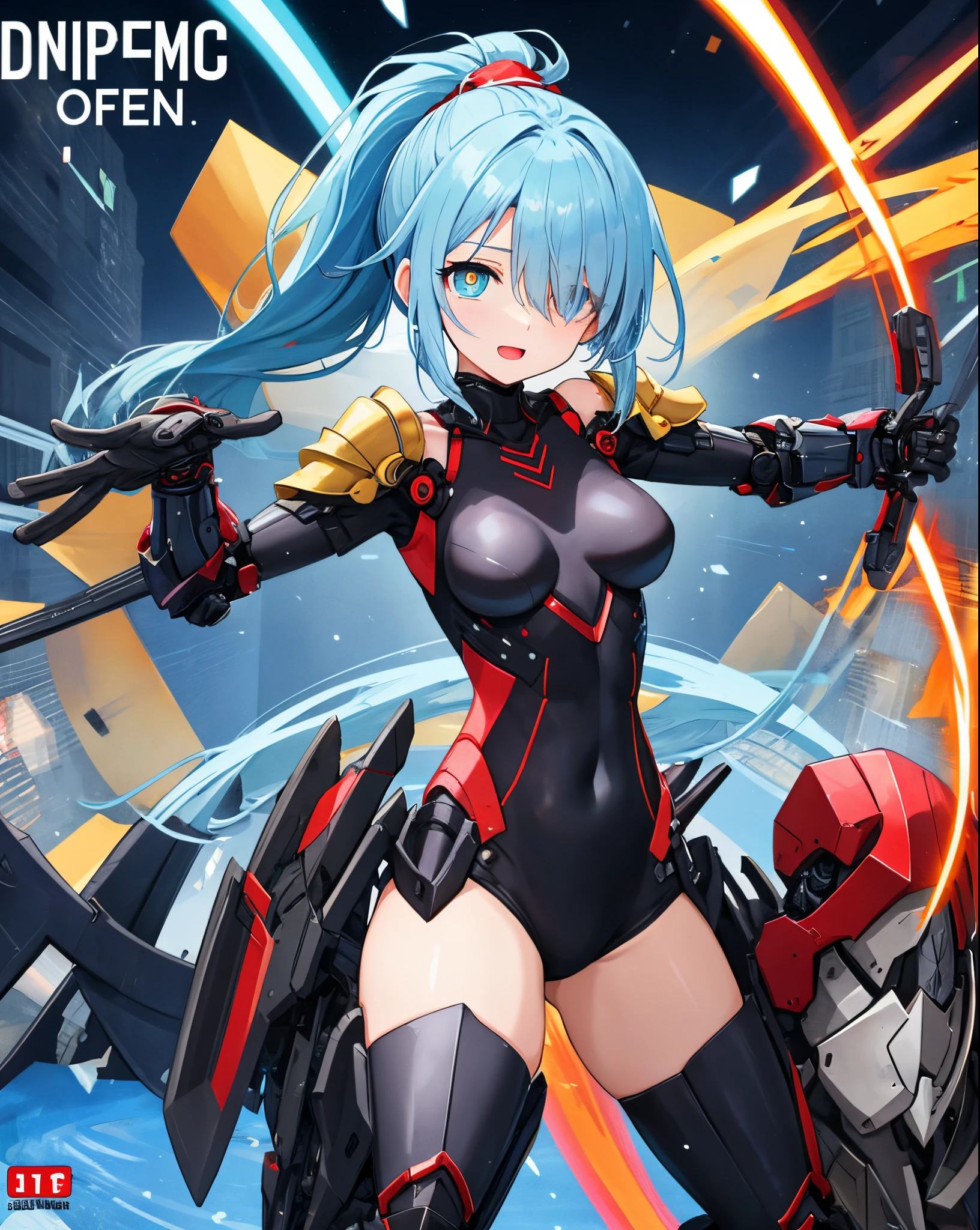 Japanese_anime_style,1figure_size_girl,(loli:1.3), (short_straight_ponytail:1.3), (light_blue_hair:1.3),black_mechanical_armor_parts,red_white_parts_black_body_suit,bare_shoulder,bare_thighs,medium_breasts,in_city_background,Stinging_eyes,(half_pupil:1.5),sleepy,thighhigh_greaves,gauntlets,dynamic_posing,bare_frank,metal_red_parts_black_armor,red_eye,
fists,1crystal_sword,hold_sword_hilt,glare,navel,large_mechanical_parts,happy,waist_armor,open_mouth,rise_legs,apart_legs, (very_long_bangs:1.3), (hair_over_one_eye:1.5),(long_bang_covers_right_half_of_face:1.5),
covered_pussy,