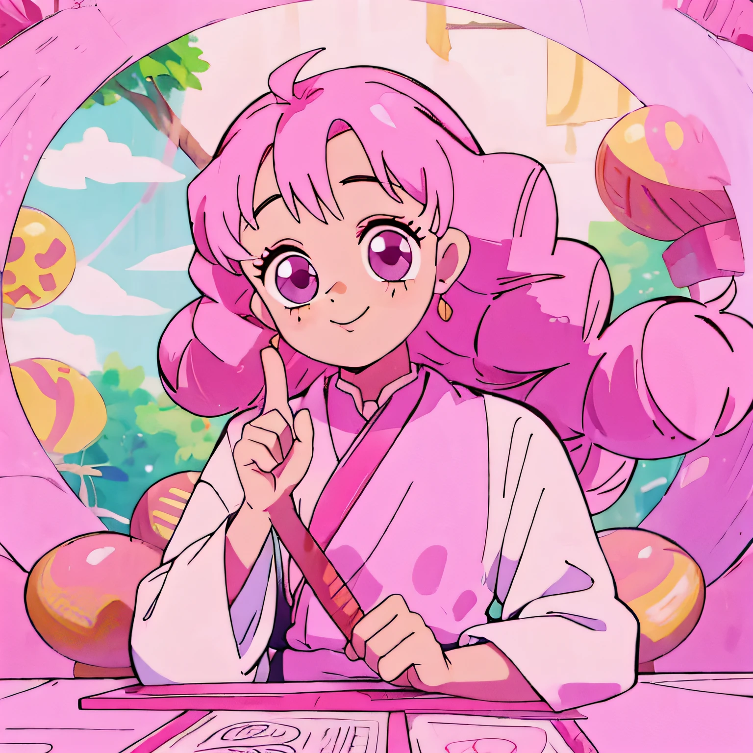 Ganlu Temple honey glass、Pink hair、quiz、Stick out your finger、A smile