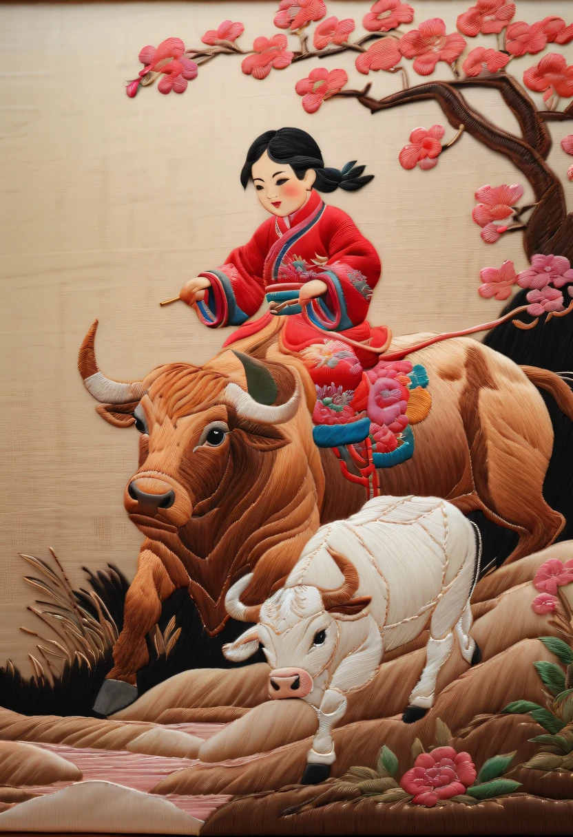Embroidery works，Embroidery children riding bull，Chinese embroidery，Tano，twilight rays，rustic