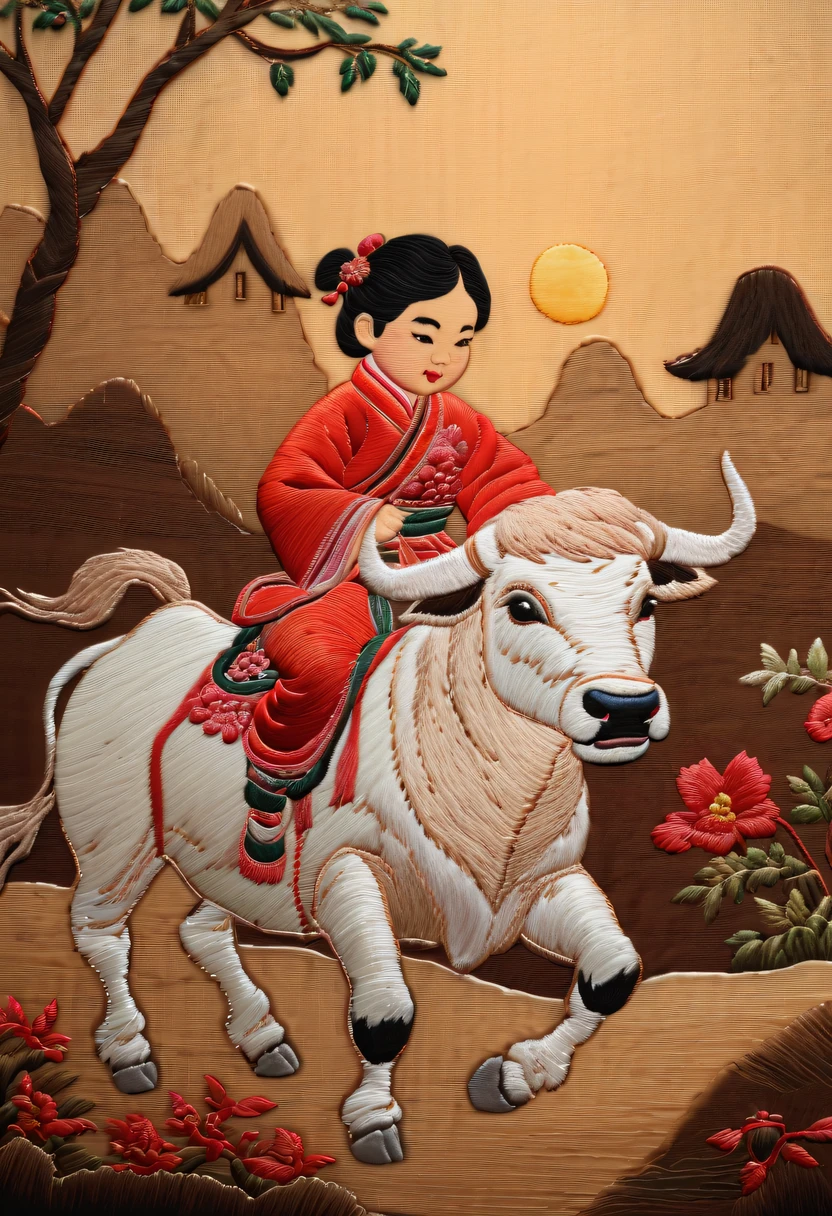 Embroidery works，Embroidery children riding bull，Chinese embroidery，Tano，twilight rays，rustic