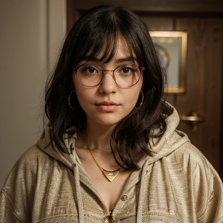 Short straight bangs very dark hair rounded face a her chin is a liitle cleft her eyes are not so big and rounded eyes and little hooded black eyes short lashes under her right eye she have a mole and her chiks are not so big normal her eyebrows are stright and thin and she have a big glasses on her face the glasses is square shaped and all transparent even the frame is transparent her face is thick and rounded her glasses are big and transparent her eyes are so droopy hooded and her hair is mid height and she have a gold septum piercing and gold earrings her nose is normal but a little big and she have a gold necklace and a mole under her right eye