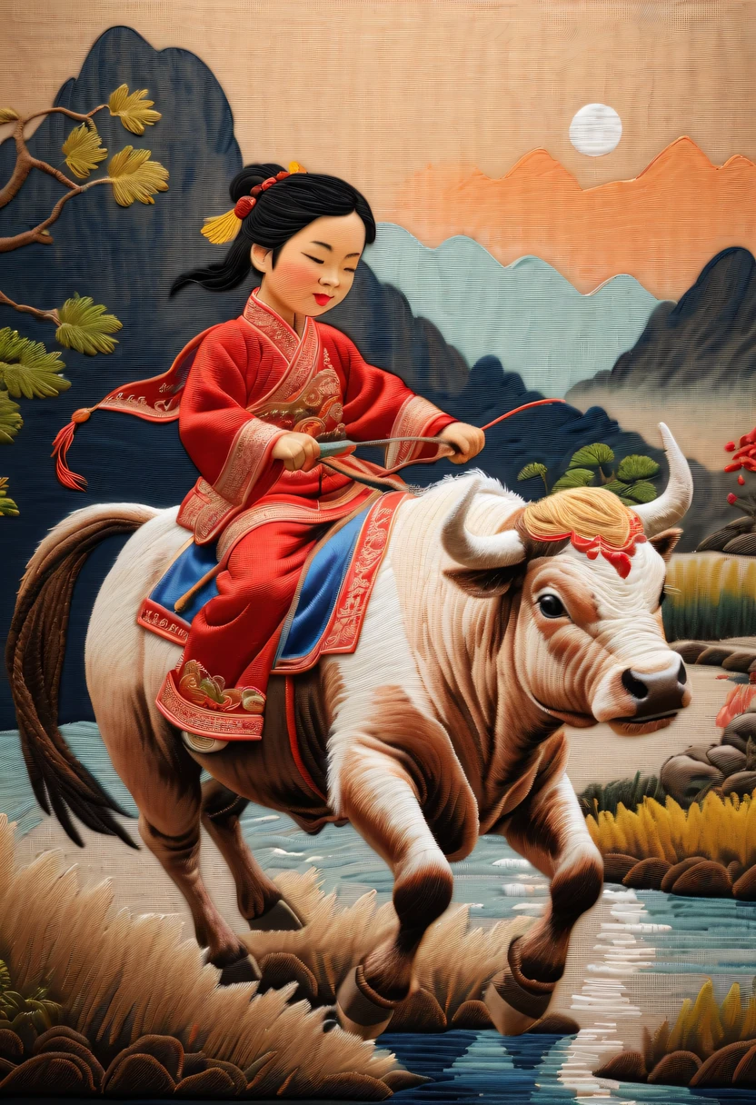Embroidery works，Embroidery children riding bull，Chinese embroidery，Tano，twilight rays，rustic