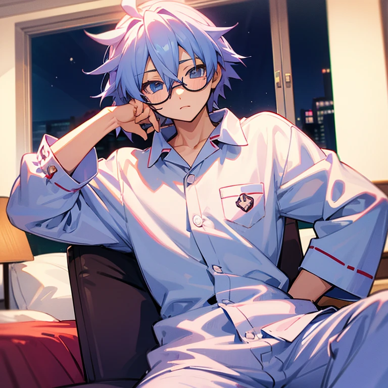 neptune as a shota sitting on bed at night wearing glasses pajamas big bulge no pants