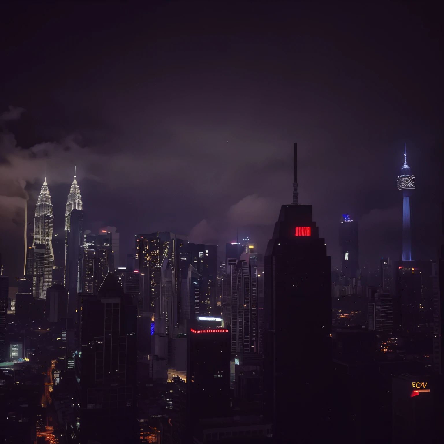 Night view of a city with many high-rise buildings, dark cityscape, kuala lumpur, City midnight mist, during night, Dystopian city skyline at night, hanging over a city, Like《bladerunner》Scene in , shot at night, With the night city as the background, in the background, Shot with iPhone 1 0, The city at night, dim lights in the sky