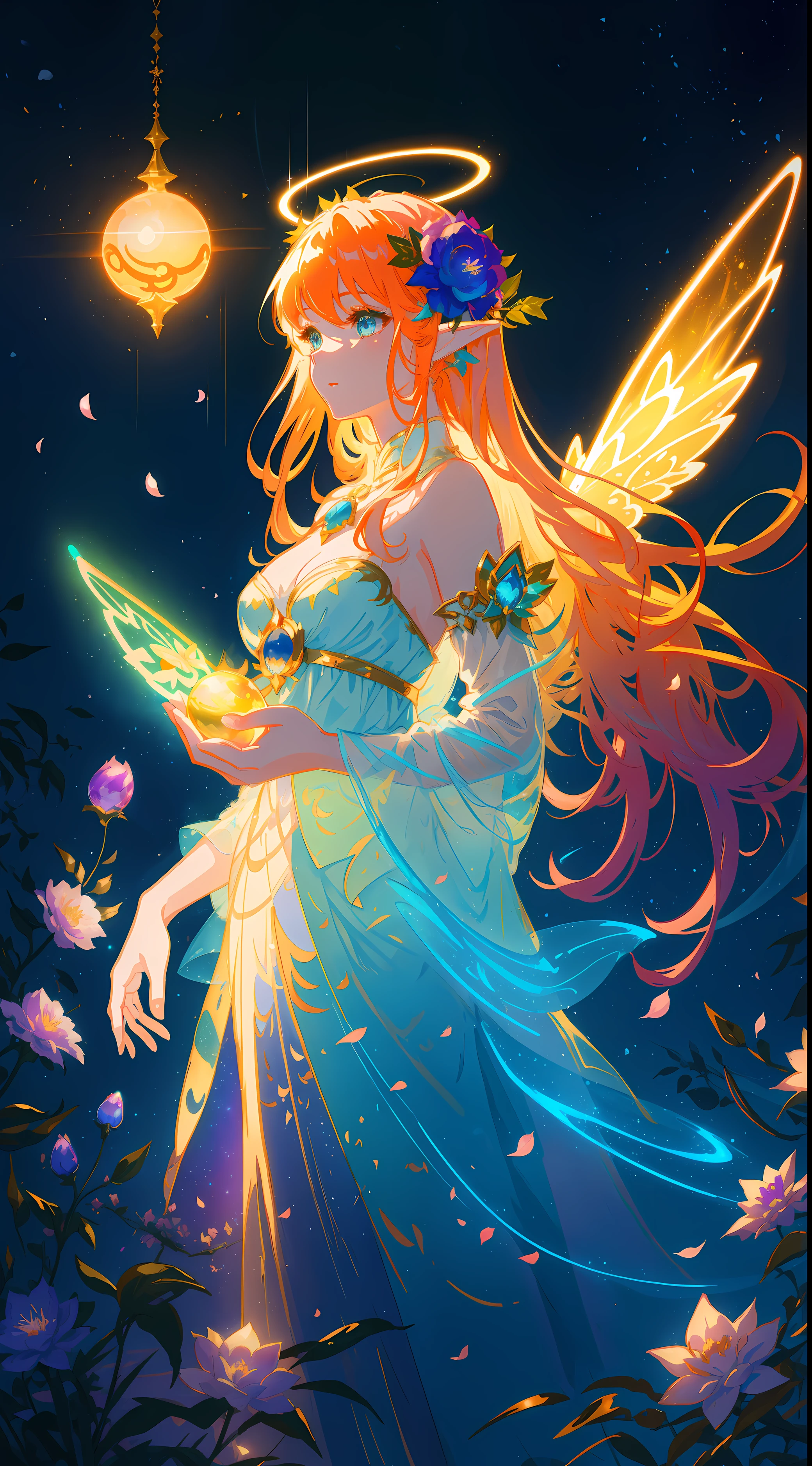 Beautiful girl wearing fairy dress made of flower petals, Beautiful fairy king surrounded by colorful elves and fairies, Glowing little fairy, (Glowing fairy wings), Luminous prom dress, with long coiled hair, Sparkling fairy wings, Watercolor illustration, Flowers and colorful plants, inspired by Glen Keane, Inspired by S. Van Baarle, disney artstyle, author:Van Baarle, A dazzling halo surrounds her, Glenn Keane, Just a joke, glowing lamps! digitial painting, flowing glowing hair, glowing flowing hair, beautiful digital illustration, Fantasia otherworldly landscape plants flowers, The beautiful, tmasterpiece, Best quality, Anime Disney style