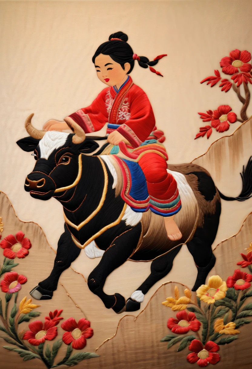 Embroidery works，Embroidery children riding bull，Chinese embroidery，Tano，twilight rays，rustic
