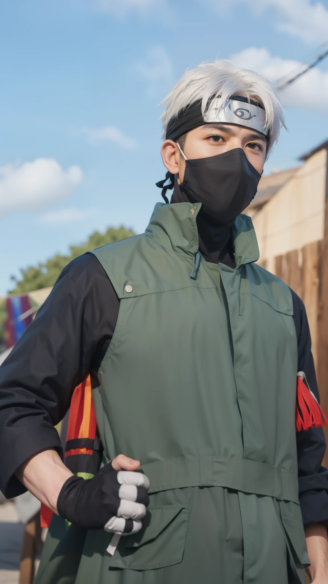 Real life adaptation of this character, his name is Kakashi Hatake from the anime Naruto, face covered using a realistic mask, realistic messy White hair, equally realistic body posture, realistic clothing, realistic light, realistic shadows, realistic background, (photorealistic: 1.2 ), realistic hands