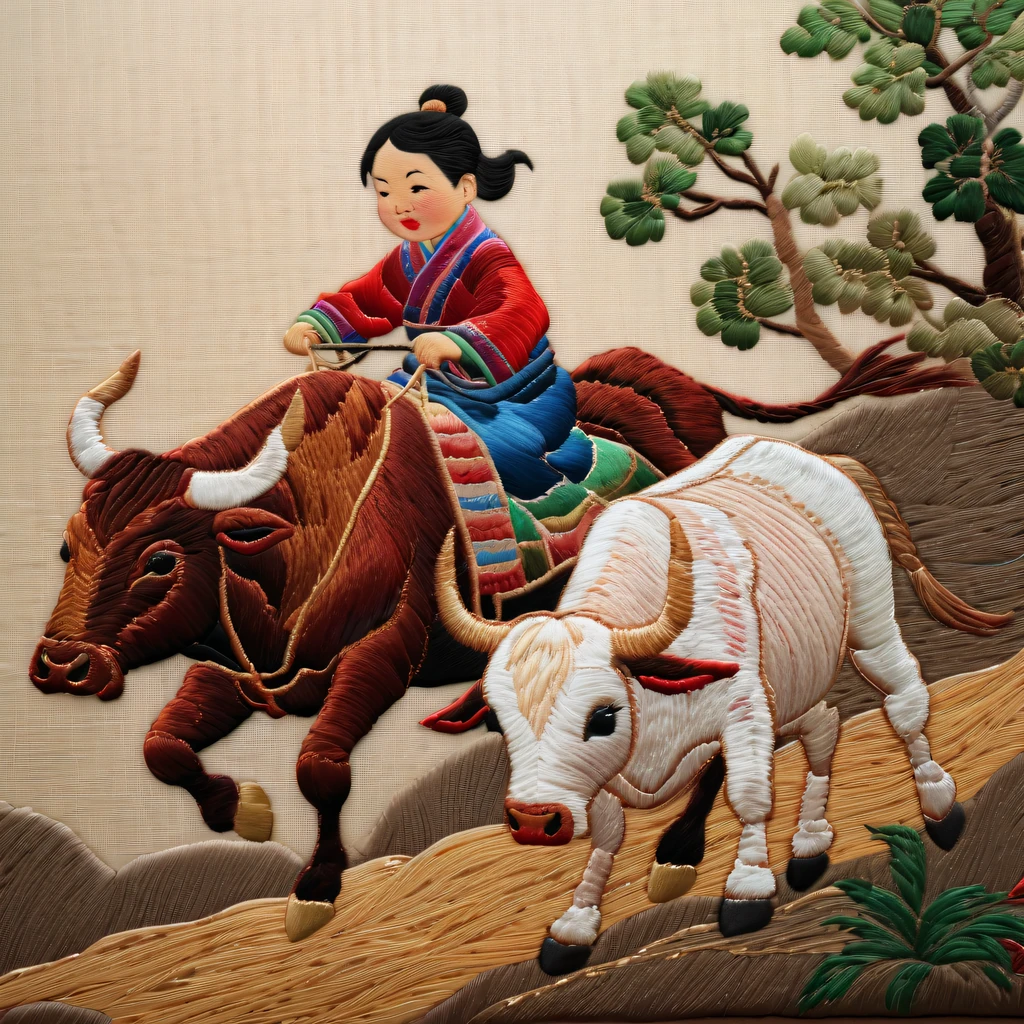 Embroidery works，Embroidery children riding bull，Chinese embroidery，Tano，twilight rays，rustic
