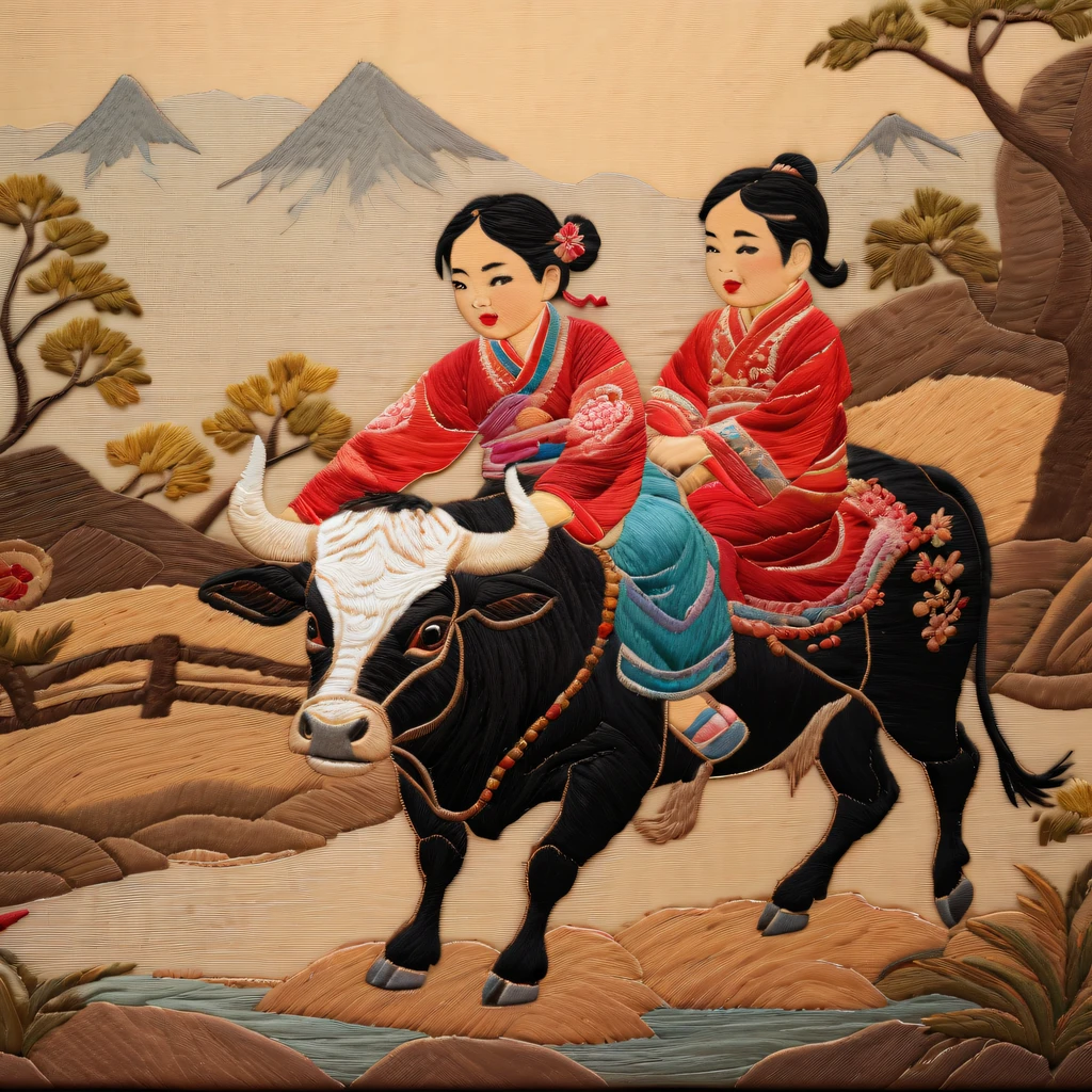 Embroidery works，Embroidery children riding bull，Chinese embroidery，Tano，twilight rays，rustic