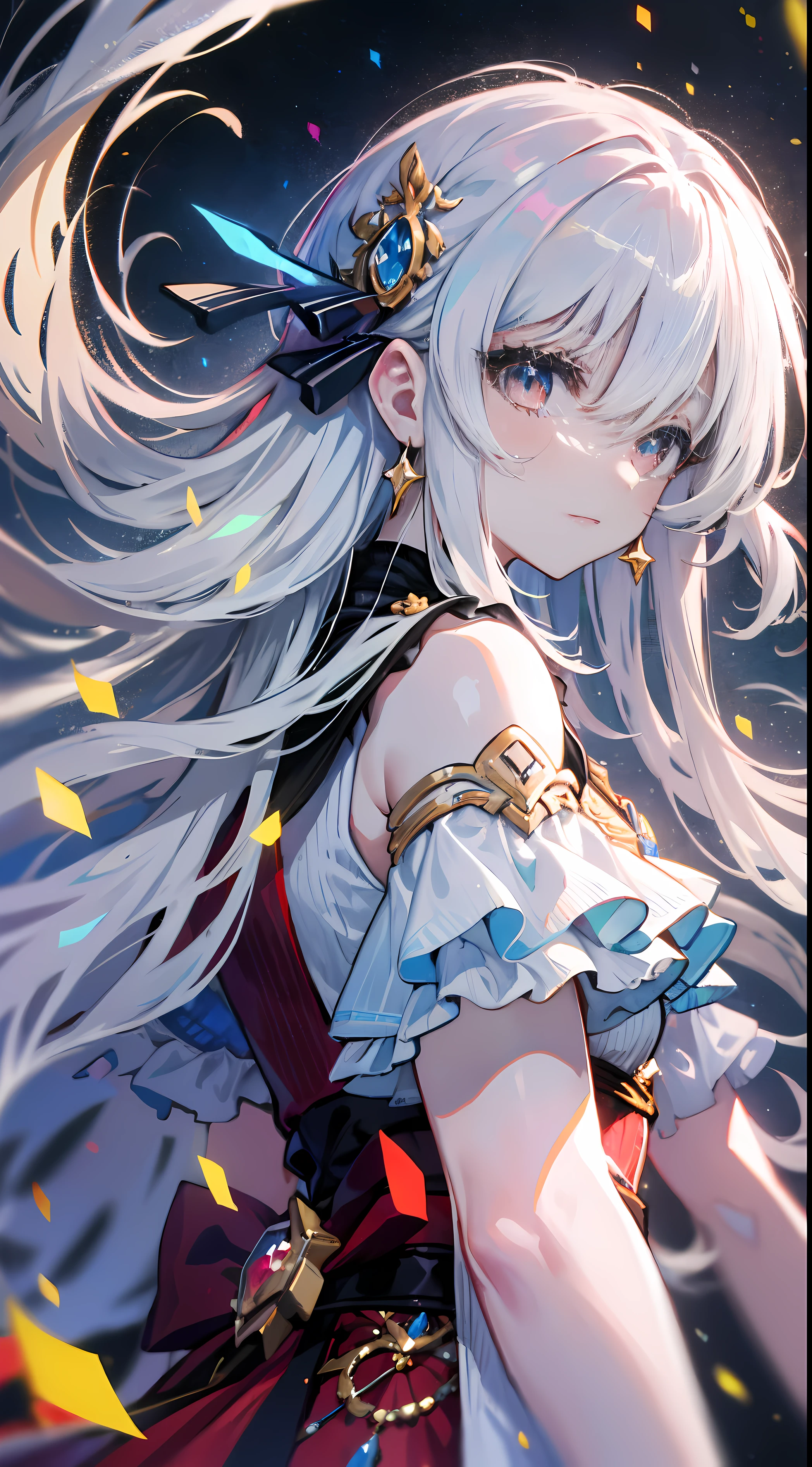 ( edd: 0.5) + (Detailed hands: 0.7), (tmasterpiece), (Best quality), White hair, red eyes, 1 girl, pale-skinned, White hair, red eyes, Two shades of hair, eyeslashes, bangle, jewely, ssmile, glitter on the skin, shinny hair, detailed and majestic stage, Fantastical, Long gray hair, 1 girl, Two shades of hair, nigh sky, Incredibly detailed CG illustration masterpiece looking at you, Japanese cartoons, beautiful anime eyes, beautidful eyes, eyed, Eyes are bright, Eyes of different colors, red eyes, eBlue eyes, galaxias, Starcloud, (Full body lesbian), (curves)